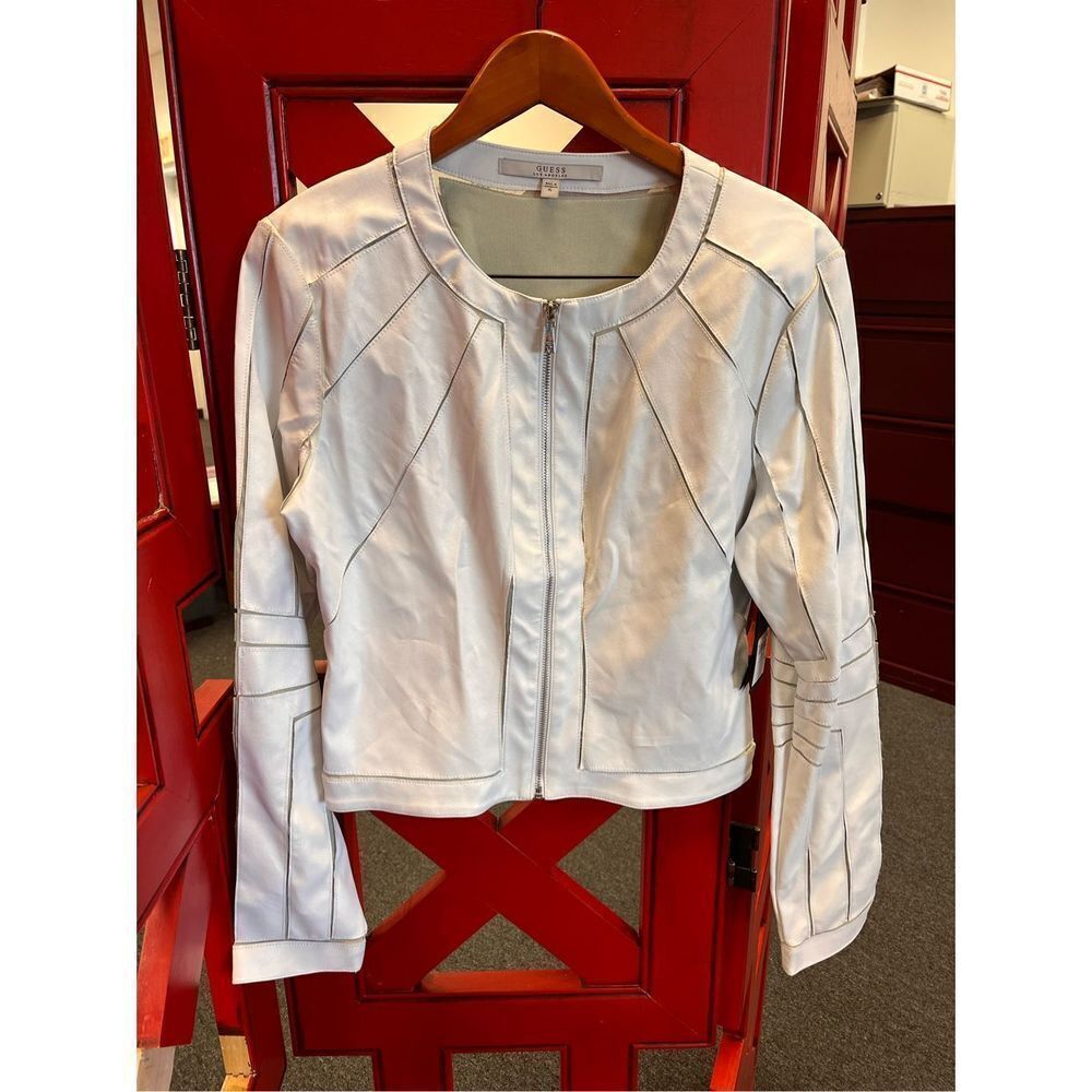 Guess White Faux Leather Delicate Pieced Zip Up Jacket sz XL NWT